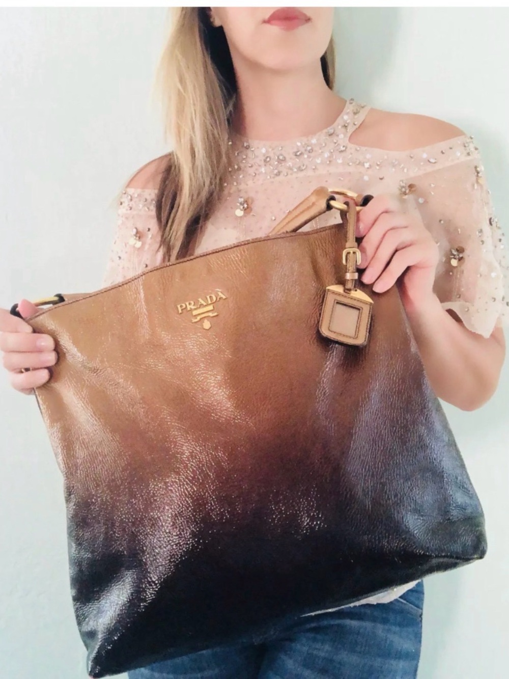 PRADA- Blond Mordore Vernice Sfumata Leather Sacca Bag